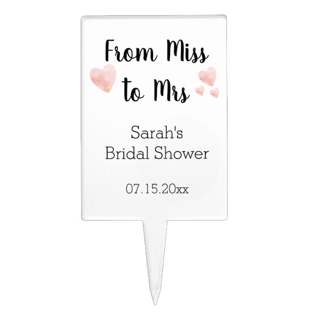 Modern Black and White Pink Hearts Bridal Shower Cake Topper (Front)