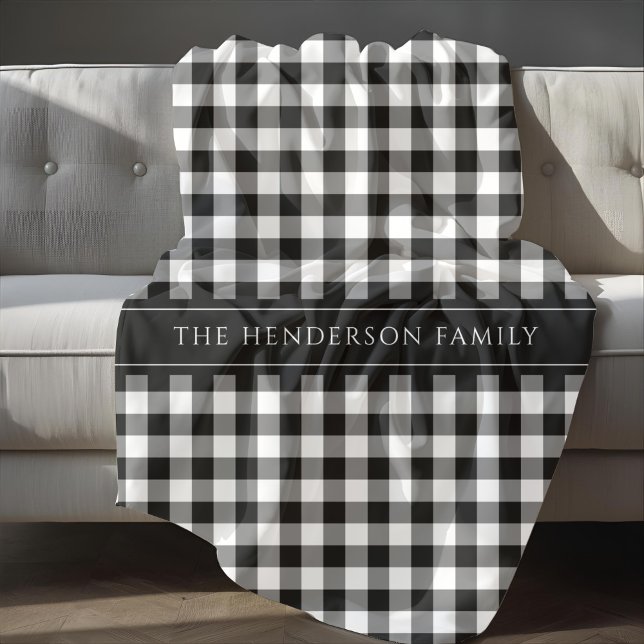 Modern Black And White Plaid Family Name Fleece Blanket (Modern Black And White Plaid Family Name Fleece Blanket)