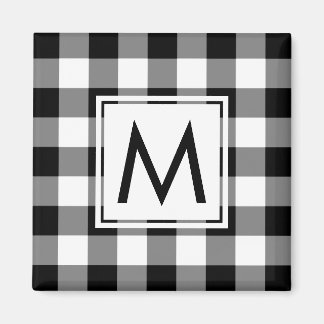 Modern Black and White Plaid Pattern with Monogram Magnet