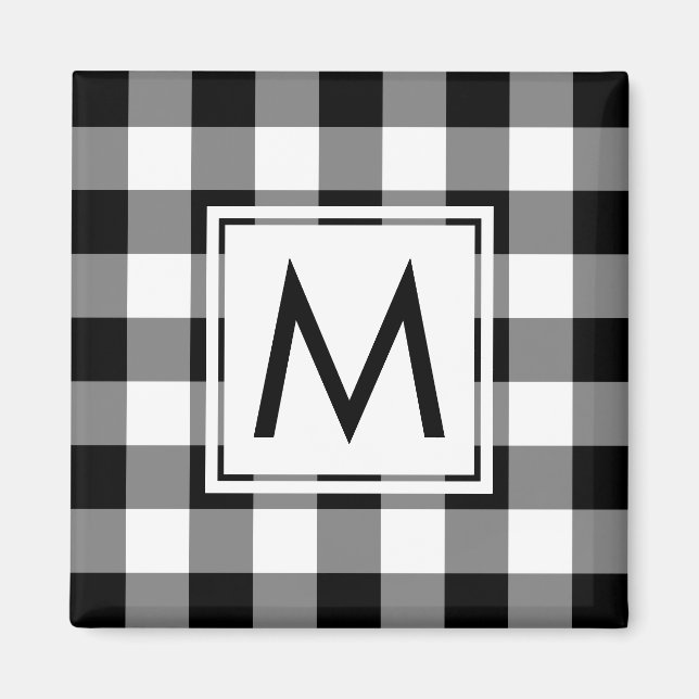 Modern Black and White Plaid Pattern with Monogram Magnet (Front)