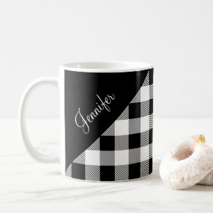 Modern Black And White Plaid Script Name Coffee Mug