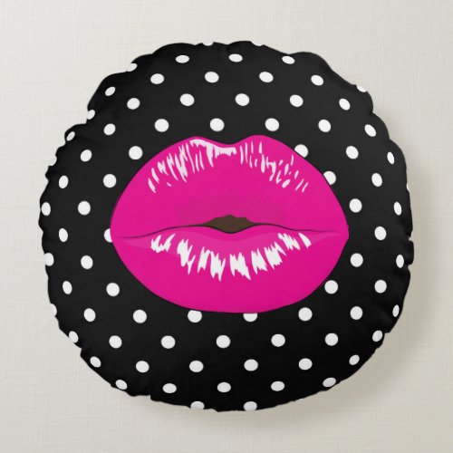 Modern black and white polka dot lips kiss fashion round pillow