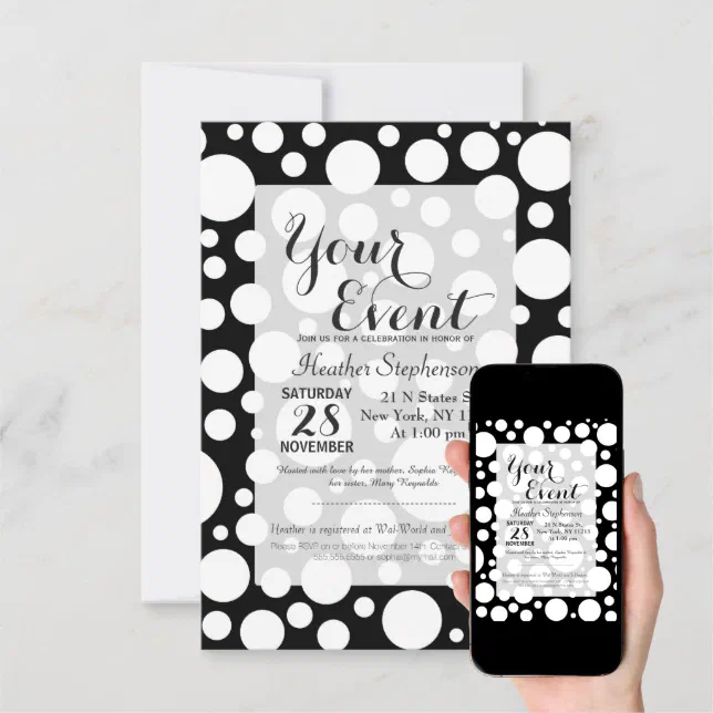 Modern Black and White Polka Dot Pattern Invitation | Zazzle