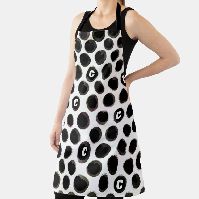 Modern Black and White Polka Dot Pattern Monogram Apron (Insitu)