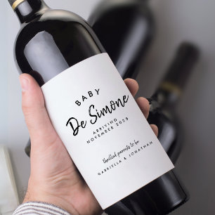 Modern Black and White Pregnancy Announcement Wine Label