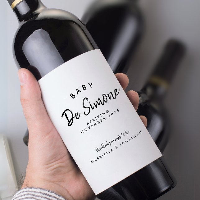 Modern Black and White Pregnancy Announcement Wine Label (Creator Uploaded)