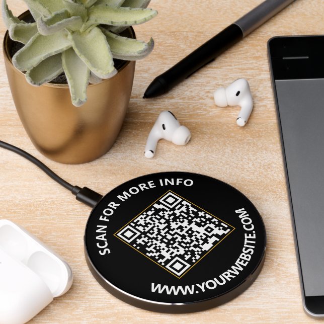 Modern Black and White QR Code, Custom Text Wireless Charger (Desk 2)
