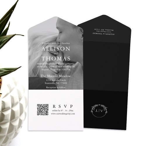 Modern Black And White QR Code Monogram Wedding All In One Invitation