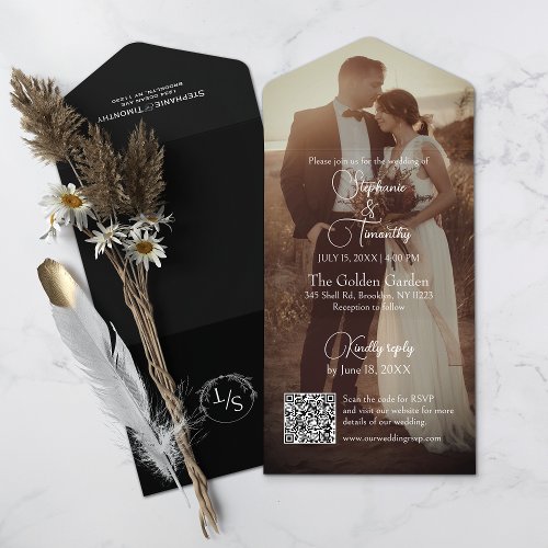 Modern Black and White QR Code Photo Wedding All In One Invitation