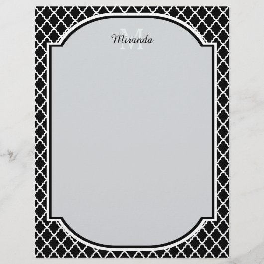Modern Black and White Quatrefoil Monogrammed Name (Front)