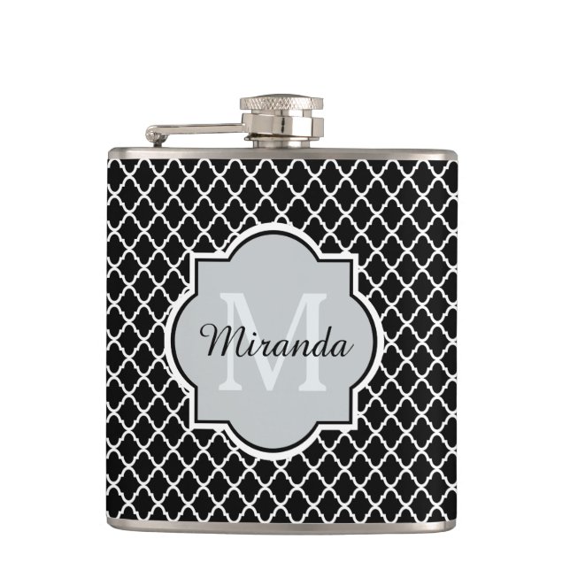 Modern Black and White Quatrefoil Monogrammed Name Flask (Front)