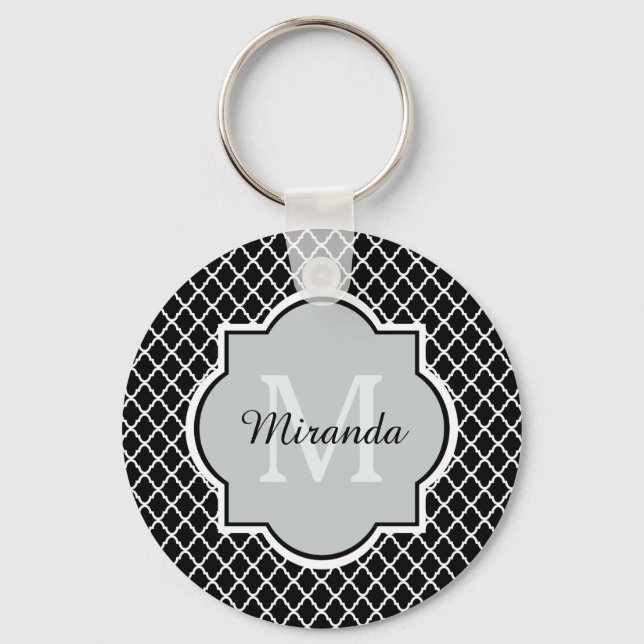 Modern Black and White Quatrefoil Monogrammed Name Keychain (Front)