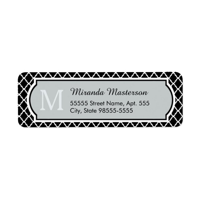 Modern Black and White Quatrefoil Monogrammed Name Label (Front)