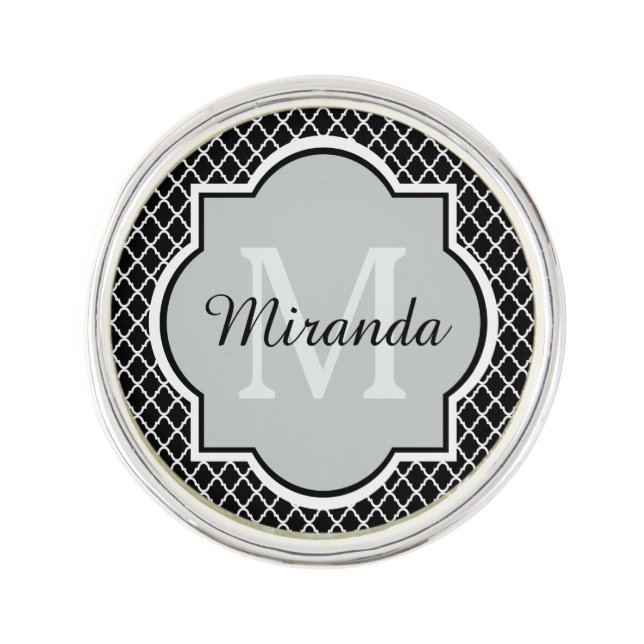 Modern Black and White Quatrefoil Monogrammed Name Lapel Pin (Front)
