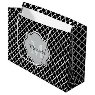 Modern Black and White Quatrefoil Monogrammed Name Large Gift Bag