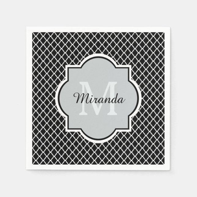 Modern Black and White Quatrefoil Monogrammed Name Napkins (Front)