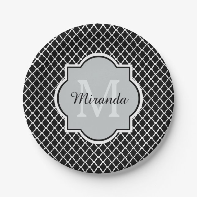 Modern Black and White Quatrefoil Monogrammed Name Paper Plates (Front)