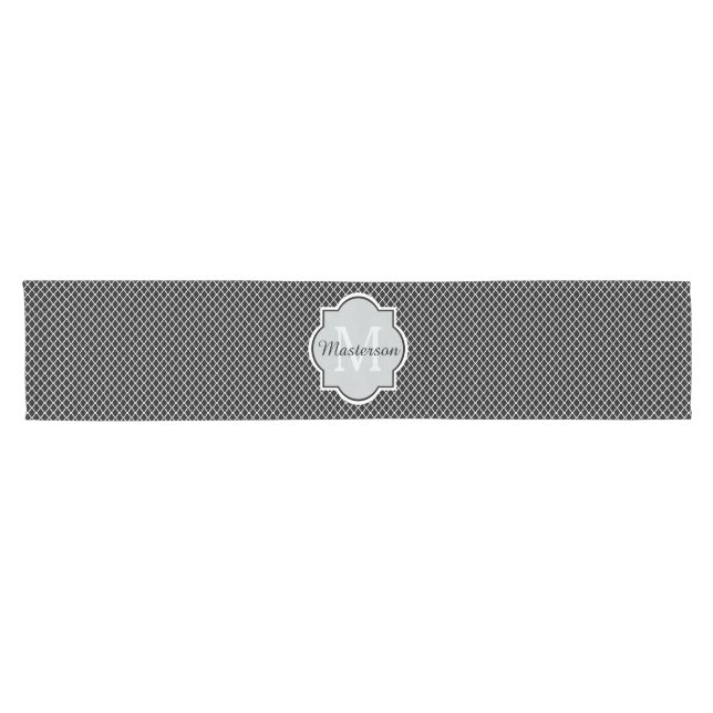 Modern Black and White Quatrefoil Monogrammed Name Short Table Runner (Horizontal)