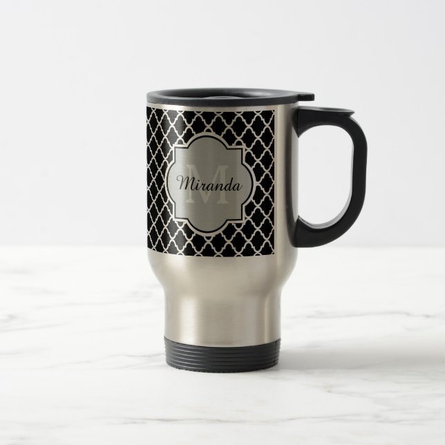 Modern Black and White Quatrefoil Monogrammed Name Travel Mug (Right)