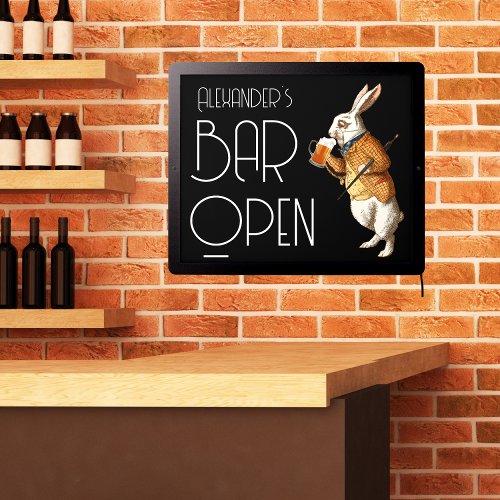 Modern Black and White Rabbit Open Bar LED Sign