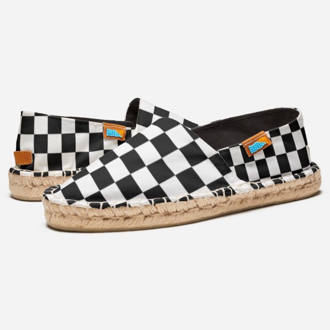 Modern Black and White Racing Checks Pattern Espadrilles (Angled)