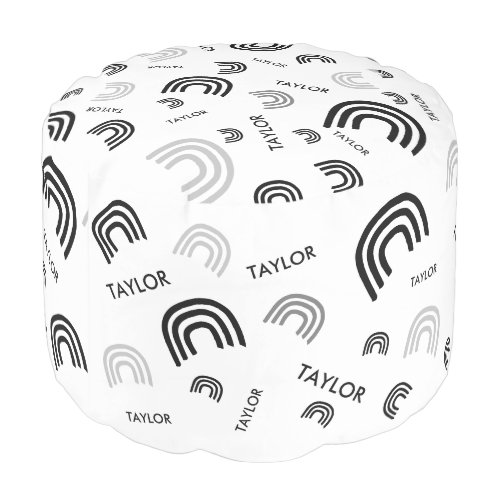 Modern Black and White Rainbow Baby Name pattern Pouf