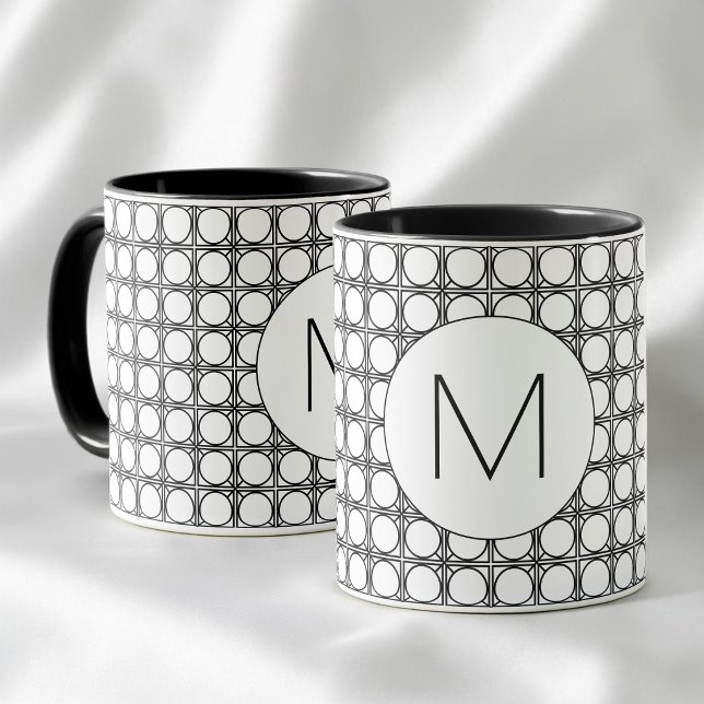 Modern Black and White Rattan Pattern Monogram Mug (Modern Black and White Rattan Pattern Monogram Mug)