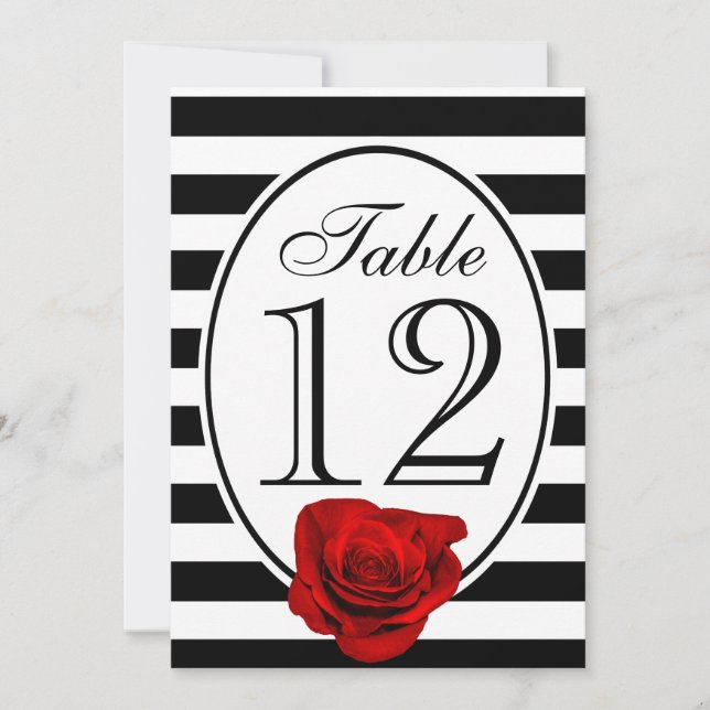 Modern Black and White Red Rose Wedding Table Card (Front)