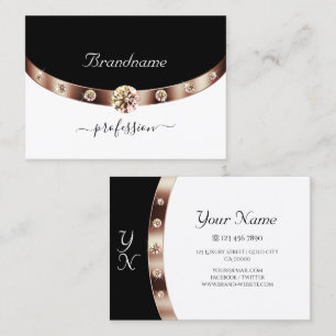 Modern Black and White Rose Gold Diamonds Initials Business Card