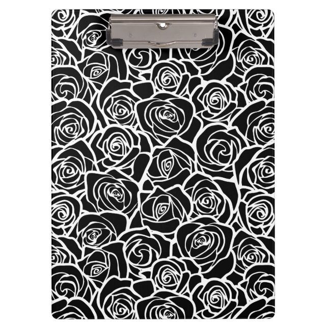 Modern Black and White Roses Chic Floral Pattern  Clipboard (Front)