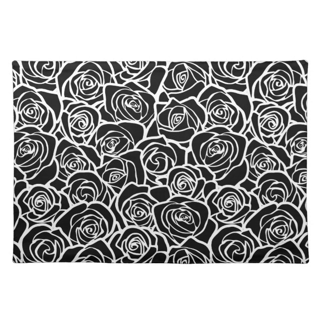 Modern Black and White Roses Chic Floral Pattern  Cloth Placemat (Front)