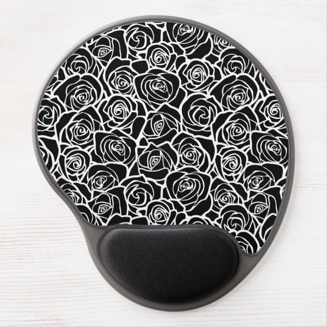 Modern Black and White Roses Chic Floral Pattern  Gel Mouse Pad (Front)