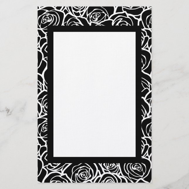 Modern Black and White Roses Chic Floral Pattern  Stationery (Front)