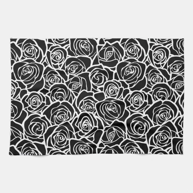 Modern Black and White Roses Chic Floral Pattern  Towel (Horizontal)