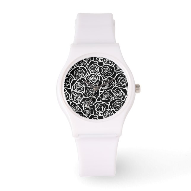 Modern Black and White Roses Chic Floral Pattern  Watch (Front)