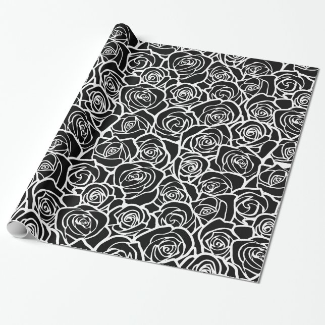 Modern Black and White Roses Chic Floral Pattern  Wrapping Paper (Unrolled)