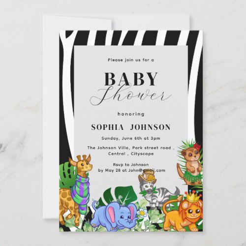 Modern Black and White Safari Animals Baby Shower Invitation