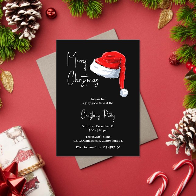 Modern Black and White Santa Hat Christmas Party Acrylic Invitations (Insitu (Holiday))