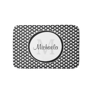 Modern Black and White Scallops Monogram and Name Bathroom Mat