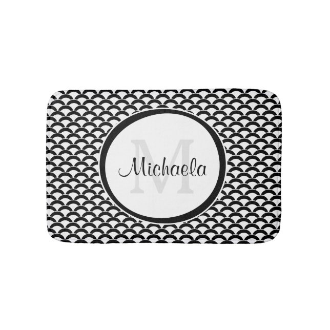 Modern Black and White Scallops Monogram and Name Bathroom Mat (Front)