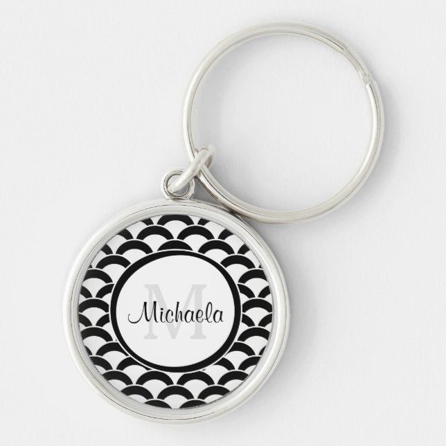Modern Black and White Scallops Monogram and Name Keychain (Front)
