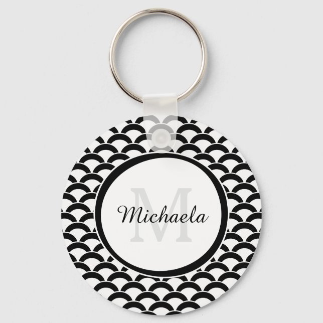 Modern Black and White Scallops Monogram and Name Keychain (Front)