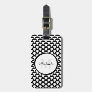 Modern Black and White Scallops Monogram and Name Luggage Tag