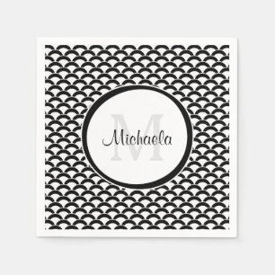 Modern Black and White Scallops Monogram and Name Napkins