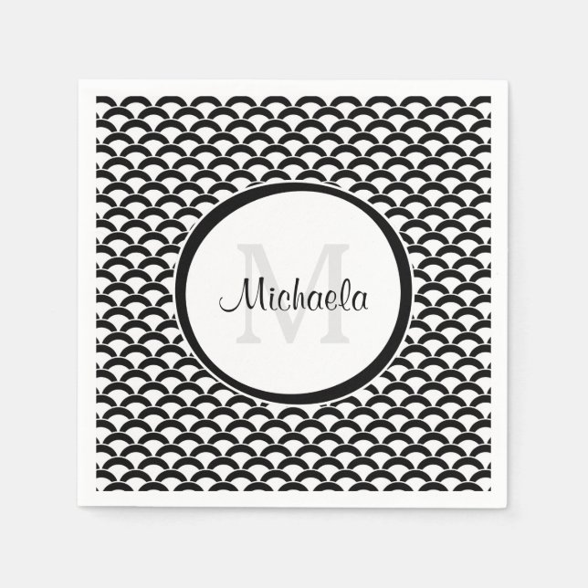Modern Black and White Scallops Monogram and Name Napkins (Front)