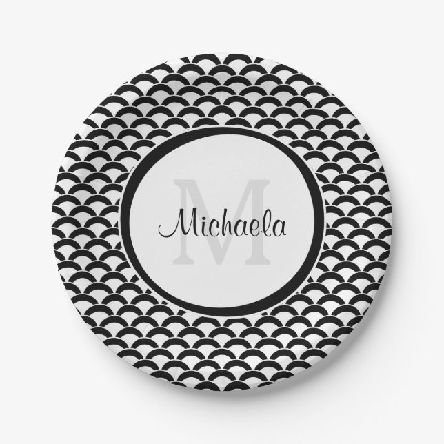 Modern Black and White Scallops Monogram and Name Paper Plates (Front)