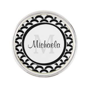 Modern Black and White Scallops Monogram and Name Pin