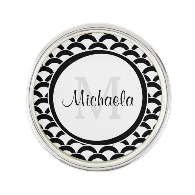 Modern Black and White Scallops Monogram and Name Pin (Front)