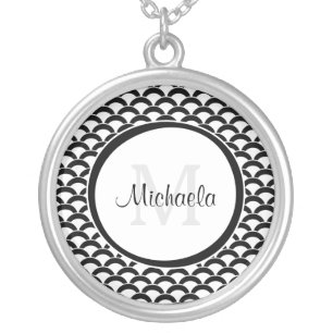 Modern Black and White Scallops Monogram and Name Silver Plated Necklace