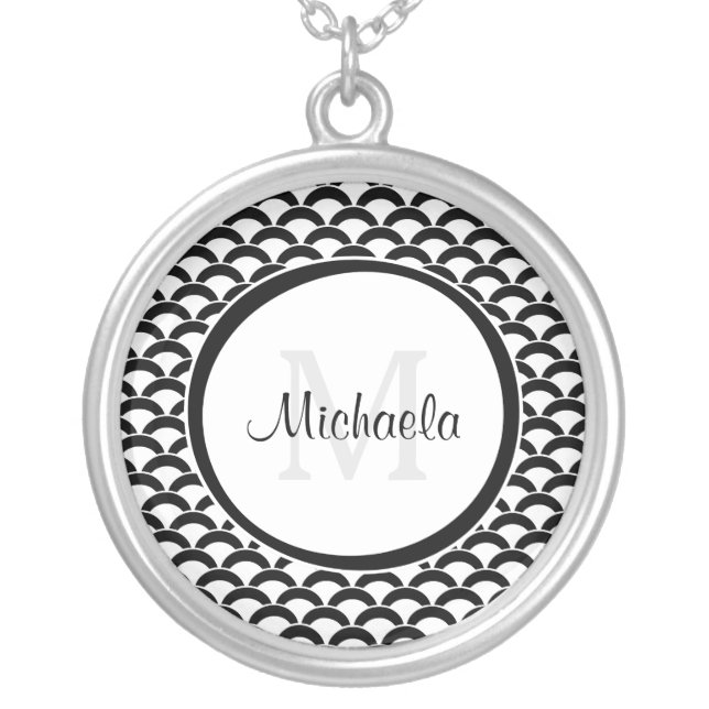 Modern Black and White Scallops Monogram and Name Silver Plated Necklace (Front)